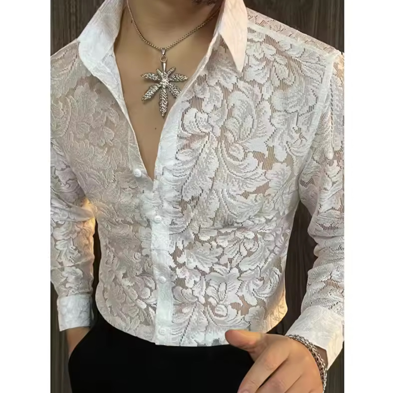Men's White Lace Button-Up Shirt