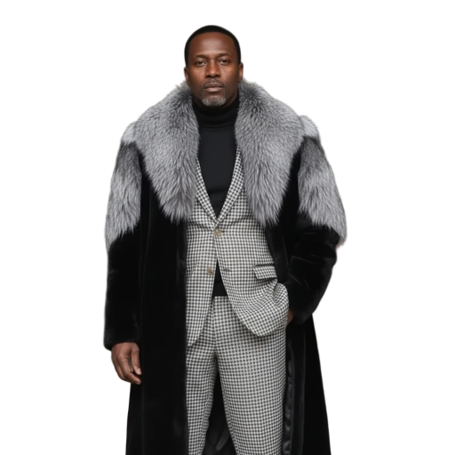 Luxury Black Fur Overcoat with Grey Collar
