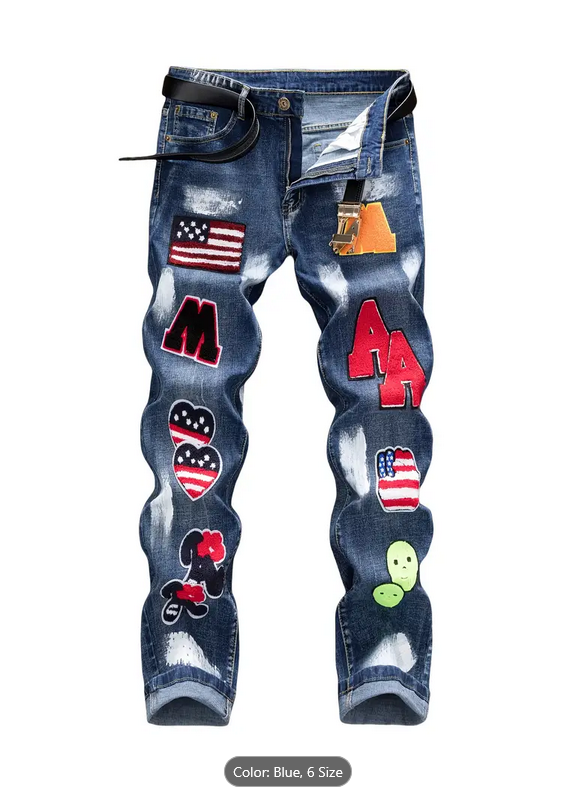 Men's Blue Jeans with Patchwork