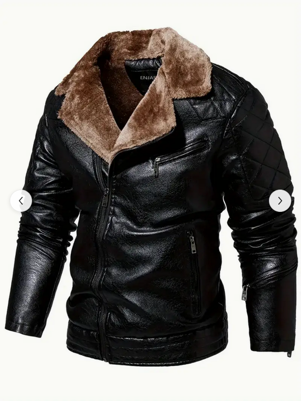 Men's Faux Leather Jacket with Fur Collar