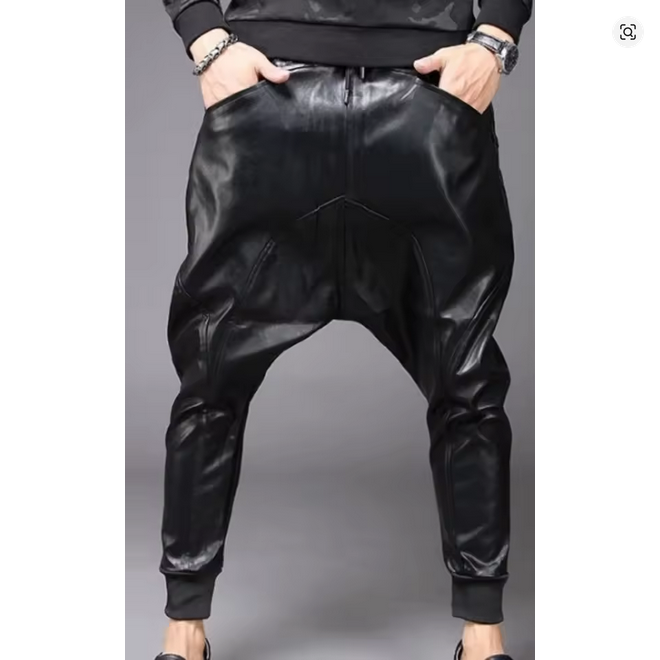 Men's Black Faux Leather Drop Crotch Pants