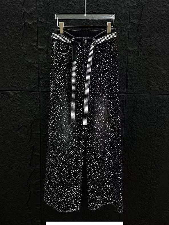 Black Wide-Leg Rhinestone Pants