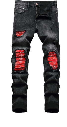 Black Distressed Jeans with Red Patchwork