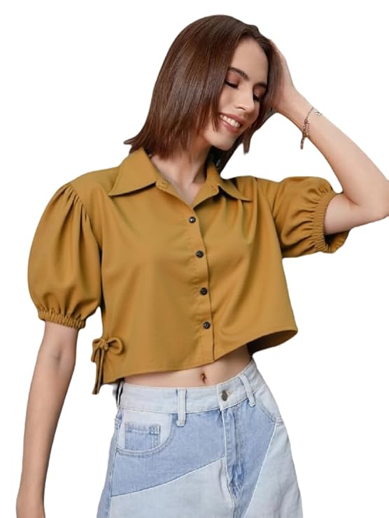 Mustard Puff Sleeve Crop Top