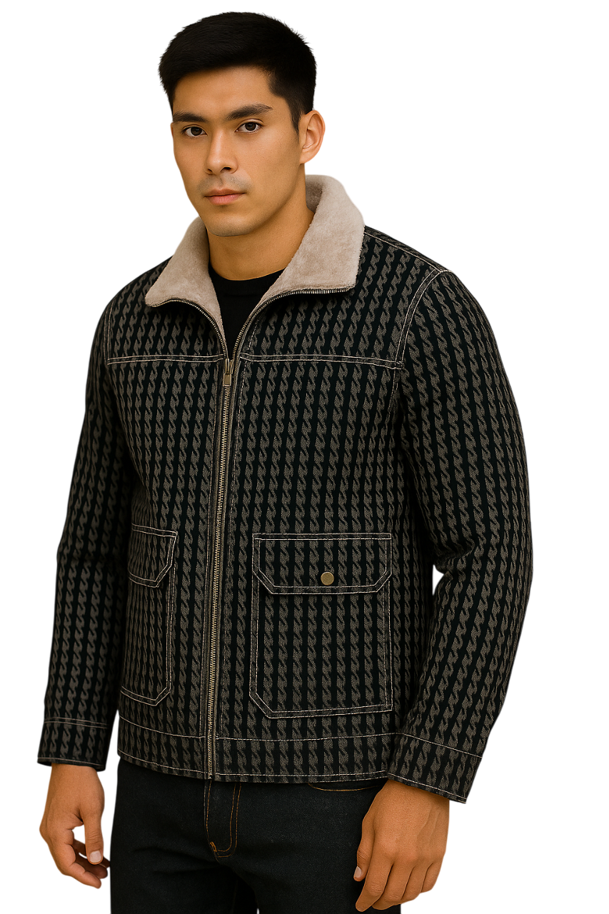 Men's Patterned leather Jacket with Sherpa Collar