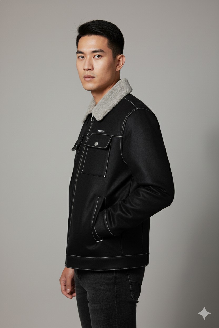Men's Black Shearling Collar Leather Jacket