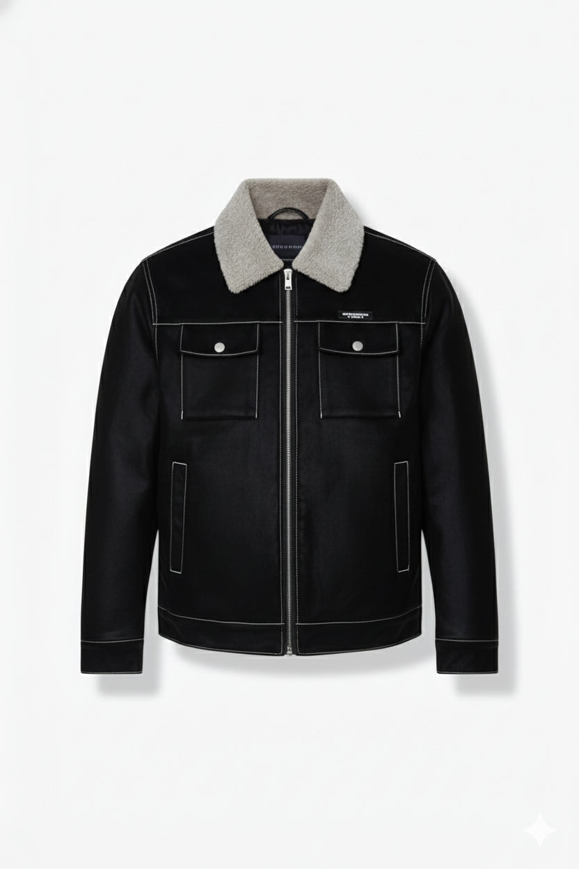 Men's Black Shearling Collar Leather Jacket