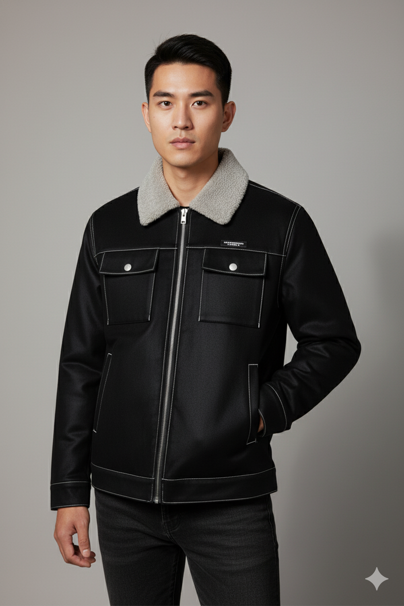 Men's Black Shearling Collar Leather Jacket