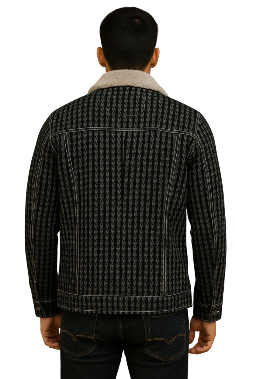 Men's Patterned leather Jacket with Sherpa Collar