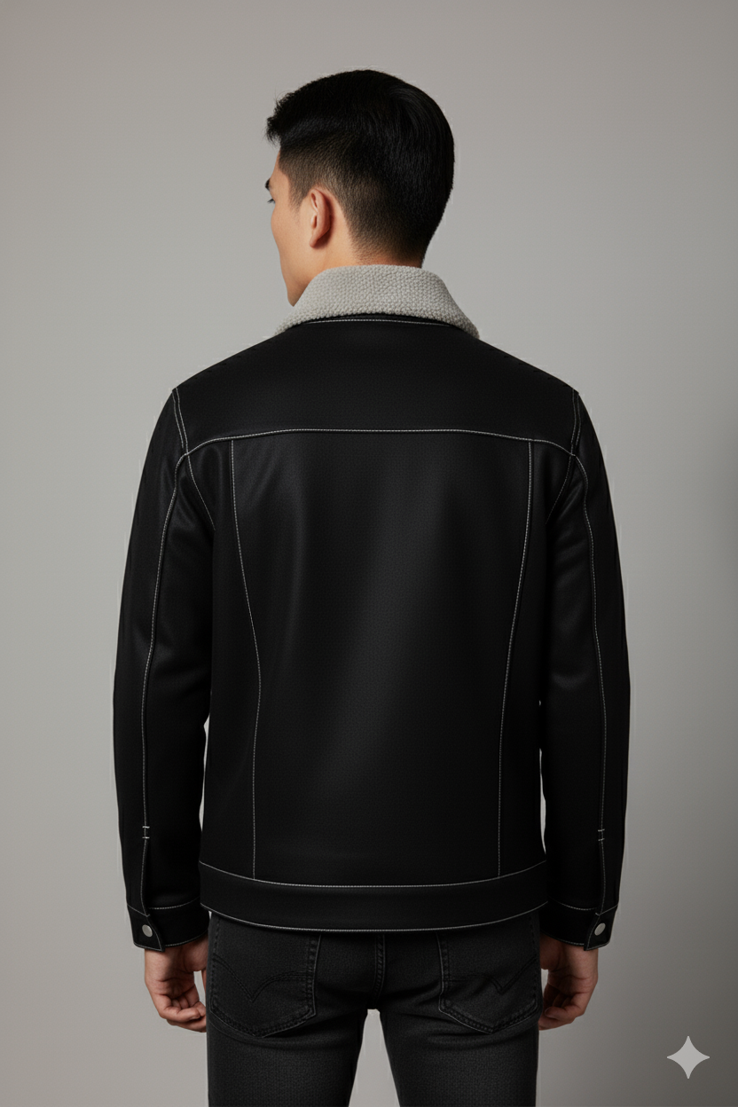 Men's Black Shearling Collar Leather Jacket