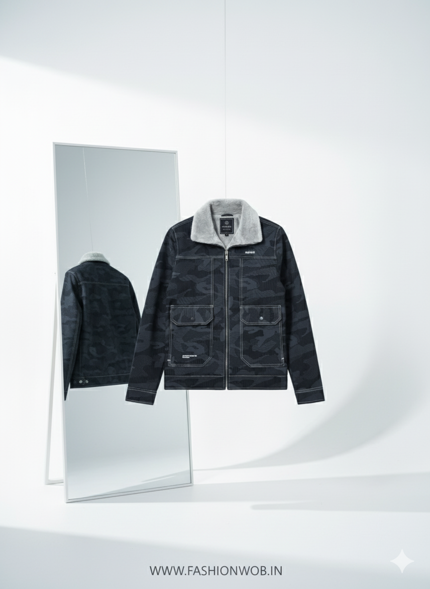 Men's Patterned leather Jacket with Sherpa Collar