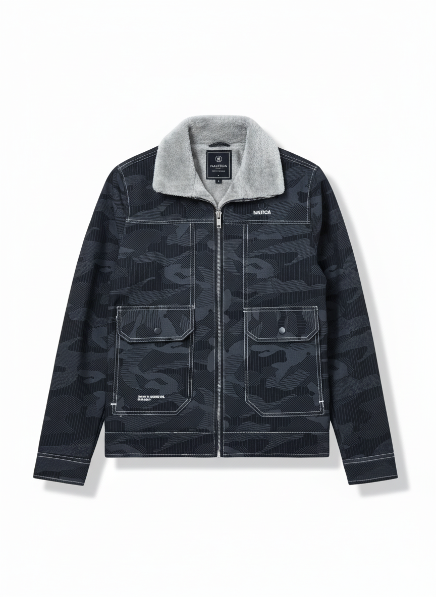 Men's Patterned leather Jacket with Sherpa Collar