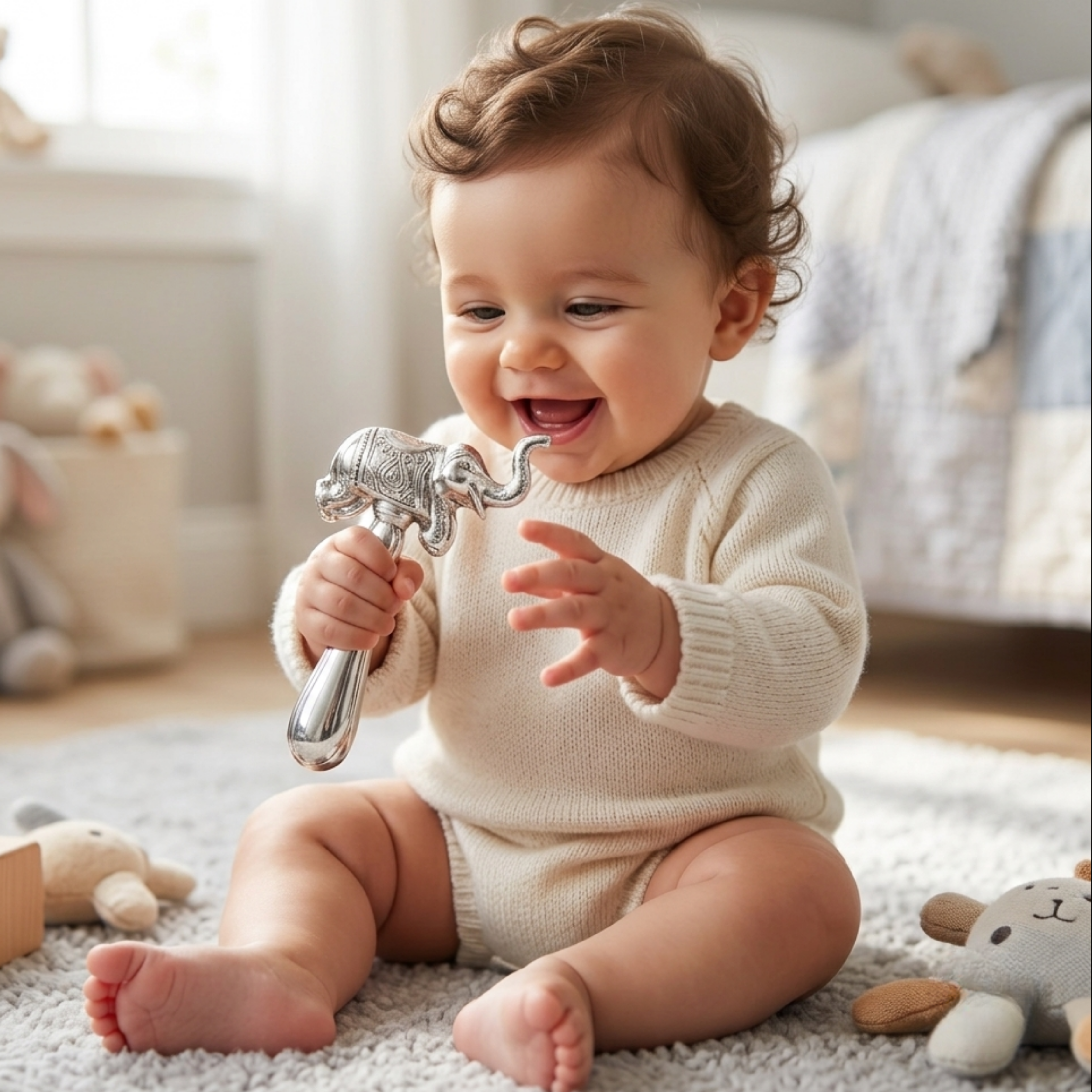 Silver Elephant Baby Rattle