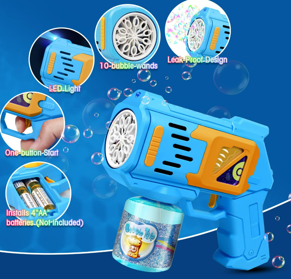 Bubble Guns Bubble Machine for Kids Bubble Blower with 10-Hole Wands & LED Light Bubble Maker Include 1 Bottles Bubble Solutions Bubble Blaster