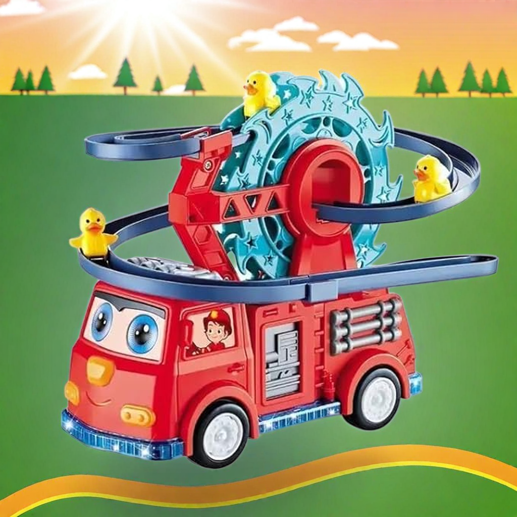 Rail Car Duck Swivel Slide, Funny Automatic Stair-Climbing Ducklings Cartoon Race Track Set Little Lovely Duck Slide Toy