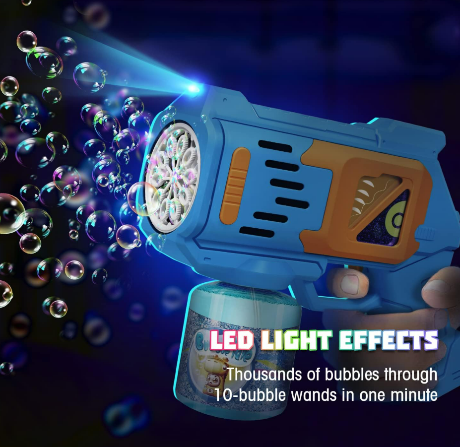 Bubble Guns Bubble Machine for Kids Bubble Blower with 10-Hole Wands & LED Light Bubble Maker Include 1 Bottles Bubble Solutions Bubble Blaster