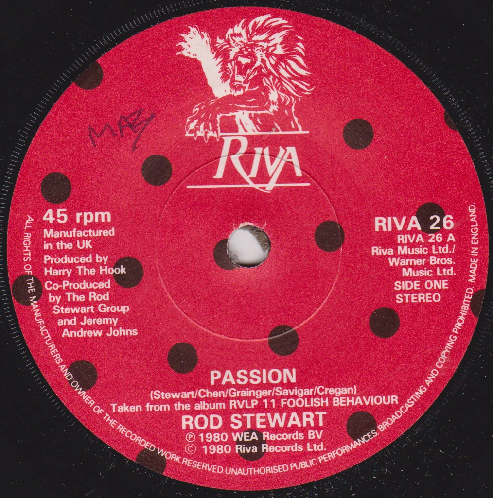 Rod Stewart - Passion (Riva, 1980) 7" single VG/-