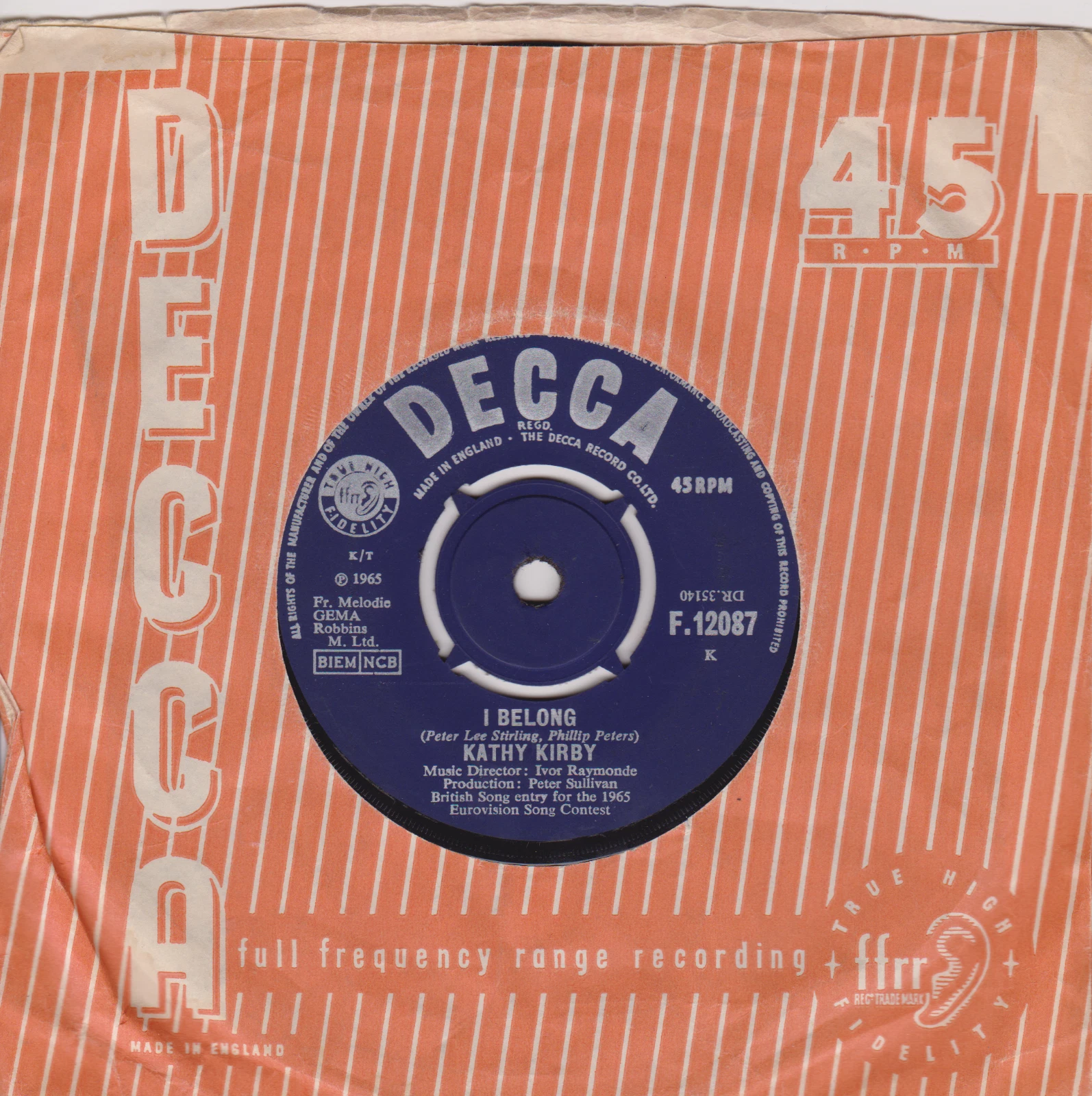 Kathy Kirby – I Belong (Decca 1965) 7" vinyl single VG/-