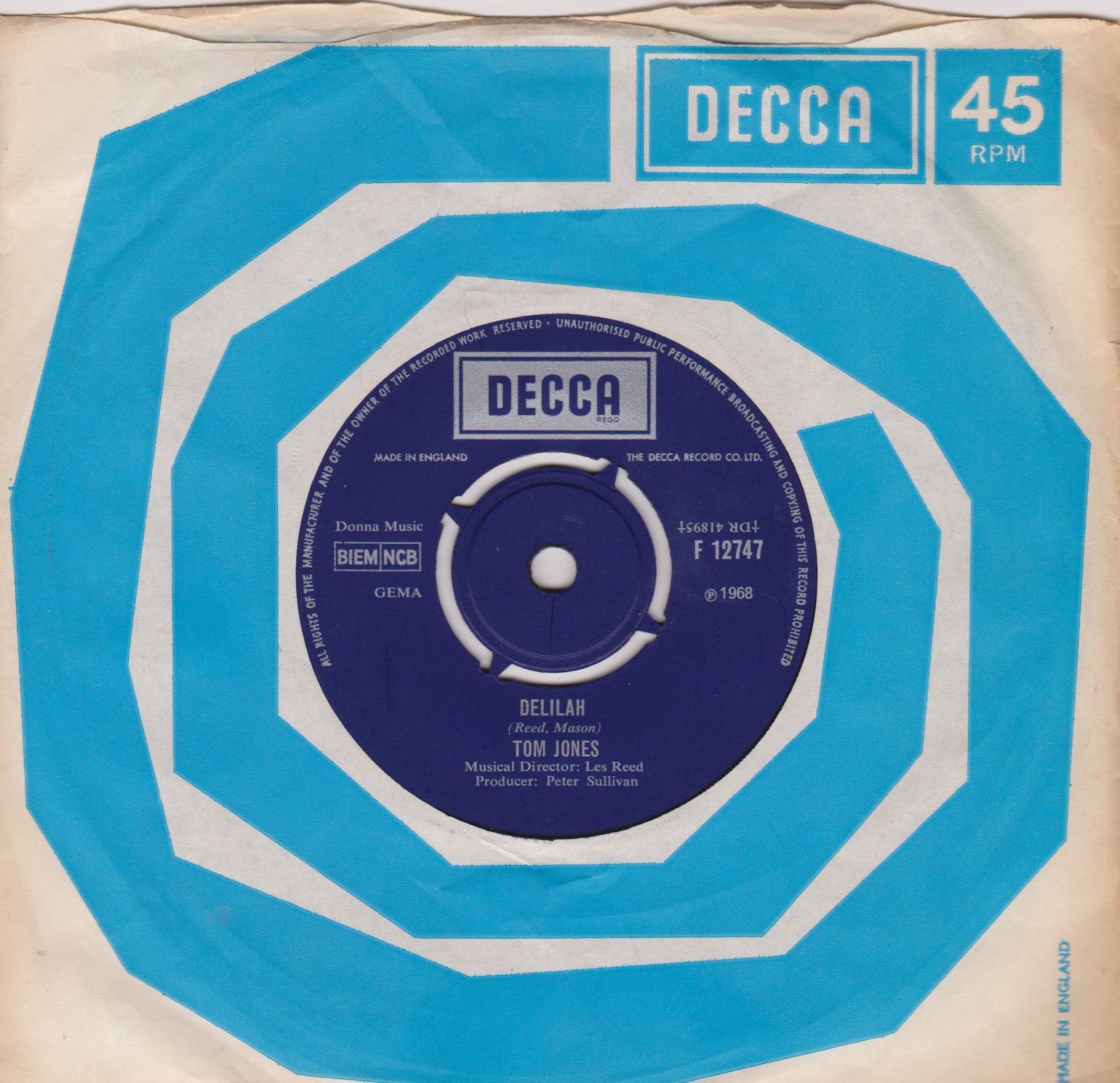 Tom Jones – Delilah (Decca 1968) 7" vinyl single VG/VG