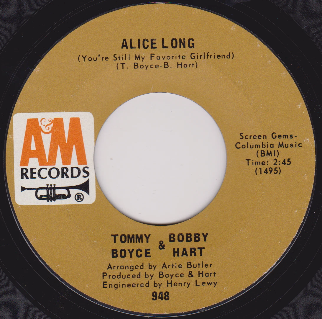  Tommy Boyce & Bobby Hart ‎– Alice Long (A&M 1969) 7" vinyl US single VG/-