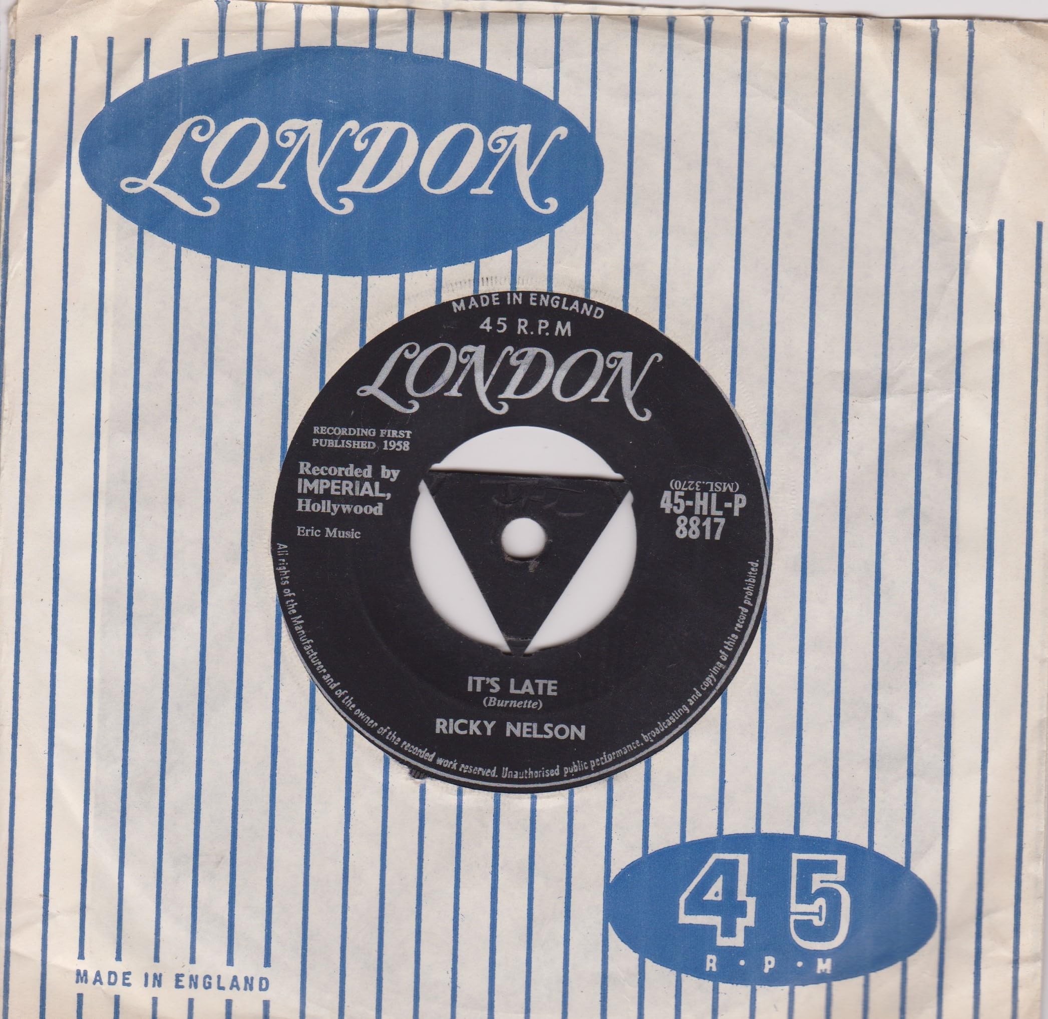 Ricky Nelson – It's Late (London 1959) 7" vinyl single VG/VG