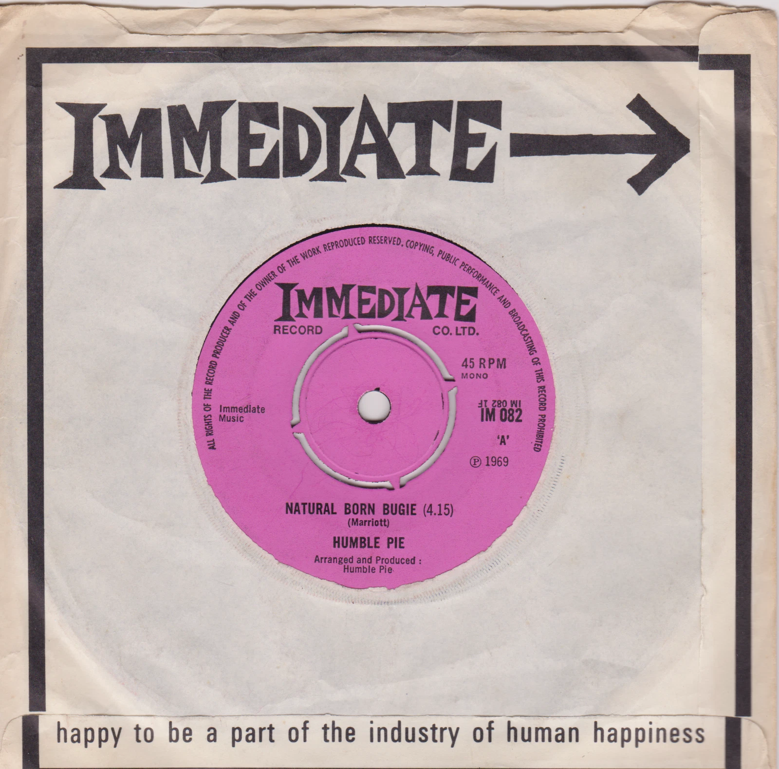 Humble Pie ‎– Natural Born Bugie (Immediate 1969) 7" vinyl single VG/VG