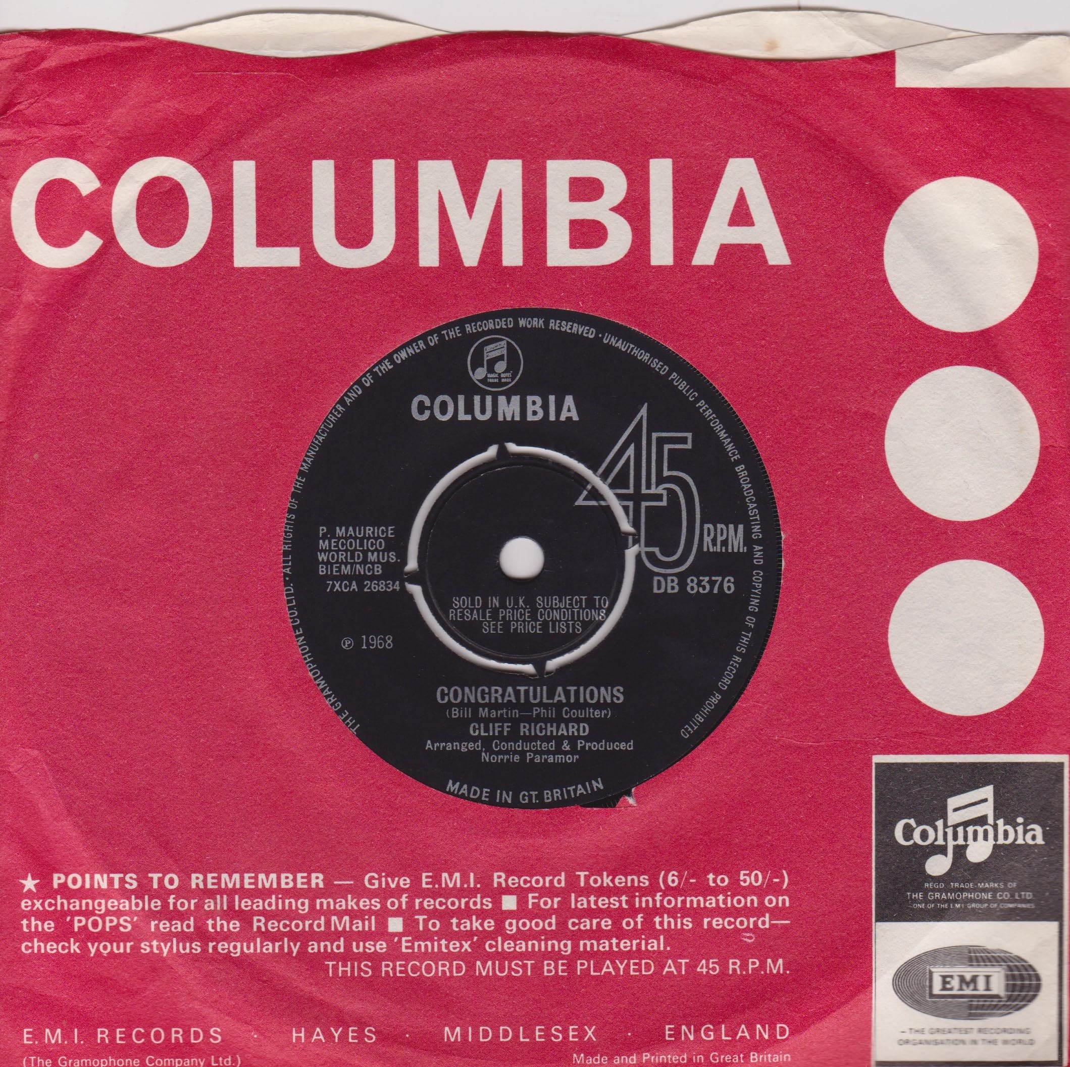Cliff Richard - Congratulations (Columbia 1968) 7" vinyl single VG/VG