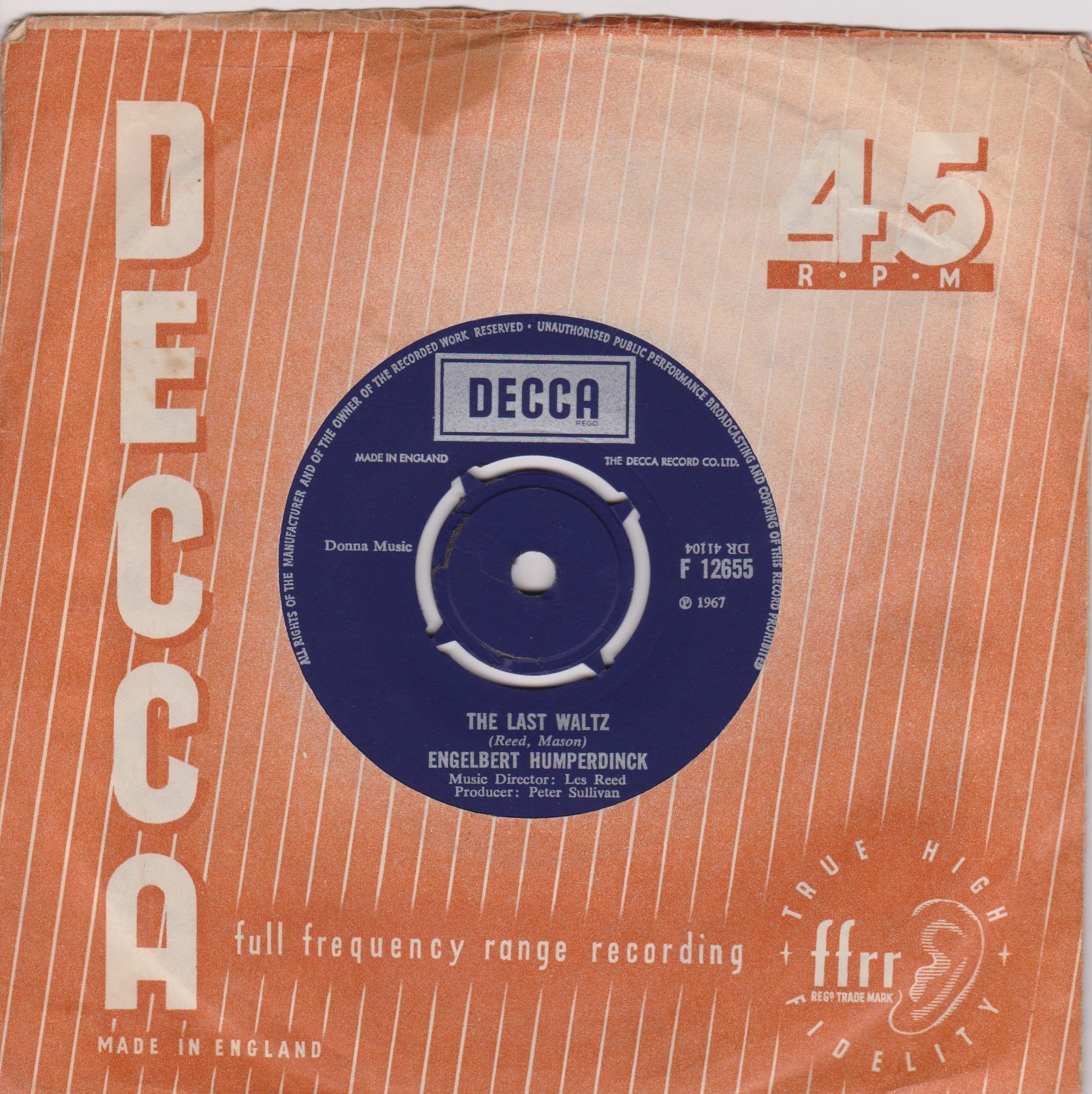 Engelbert Humperdinck - The Last Waltz (Decca 1967) 7" vinyl single VG/G+