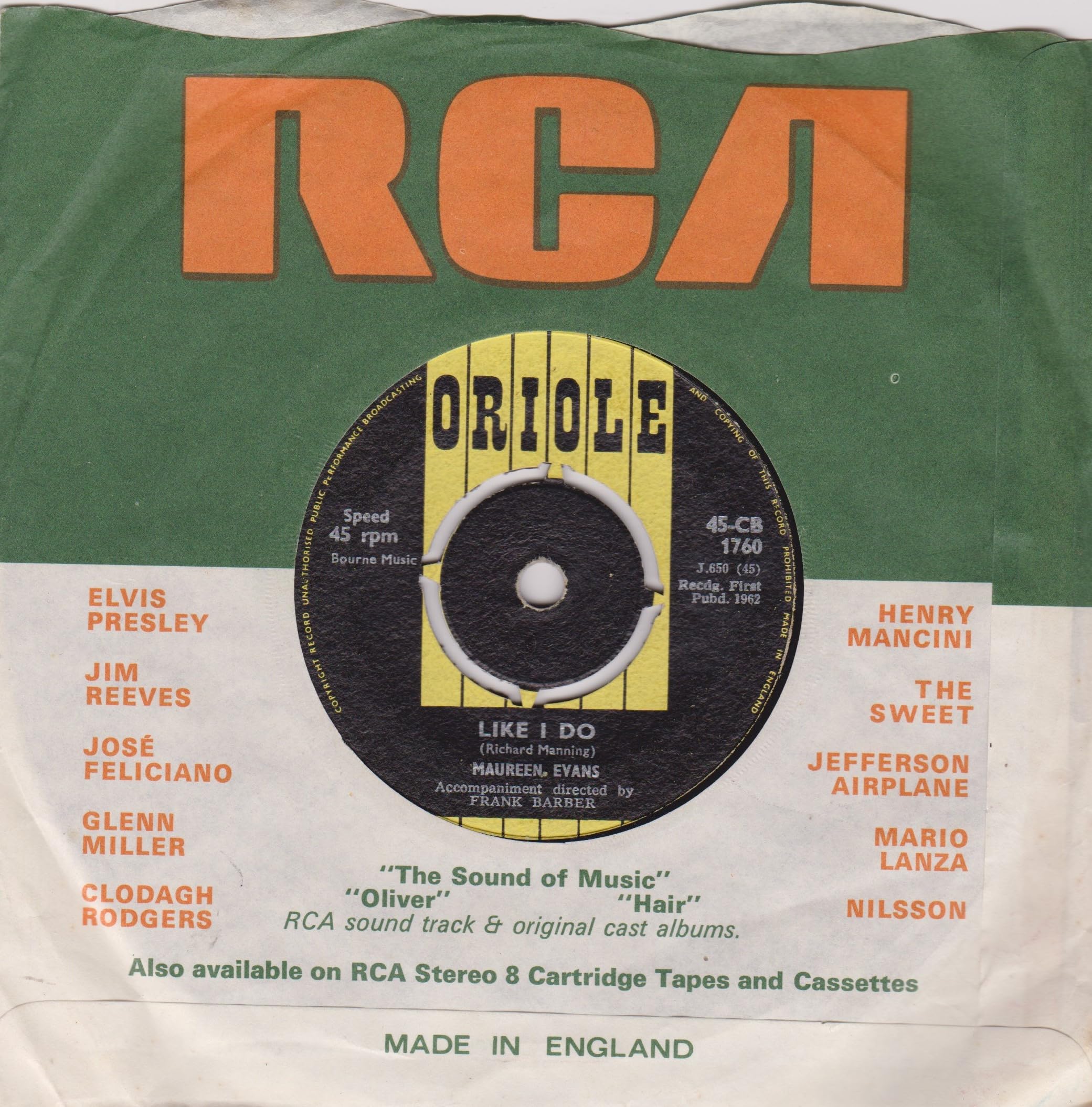 Maureen Evans ‎– Like I Do (Oriole 1962) 7" vinyl single VG/-