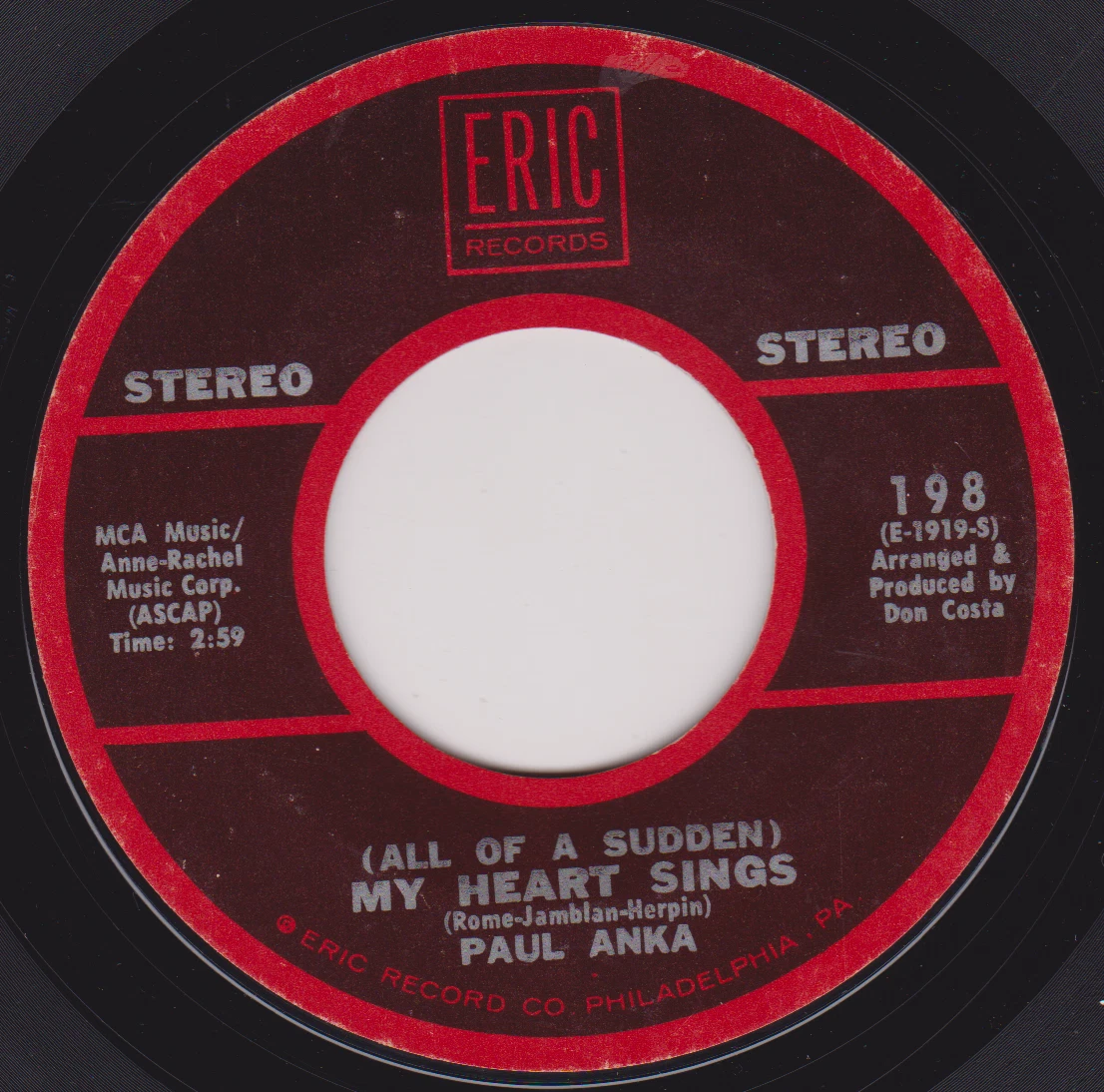 Paul Anka – (All Of A Sudden) My Heart Sings (Eric) 7" vinyl US single VG juke