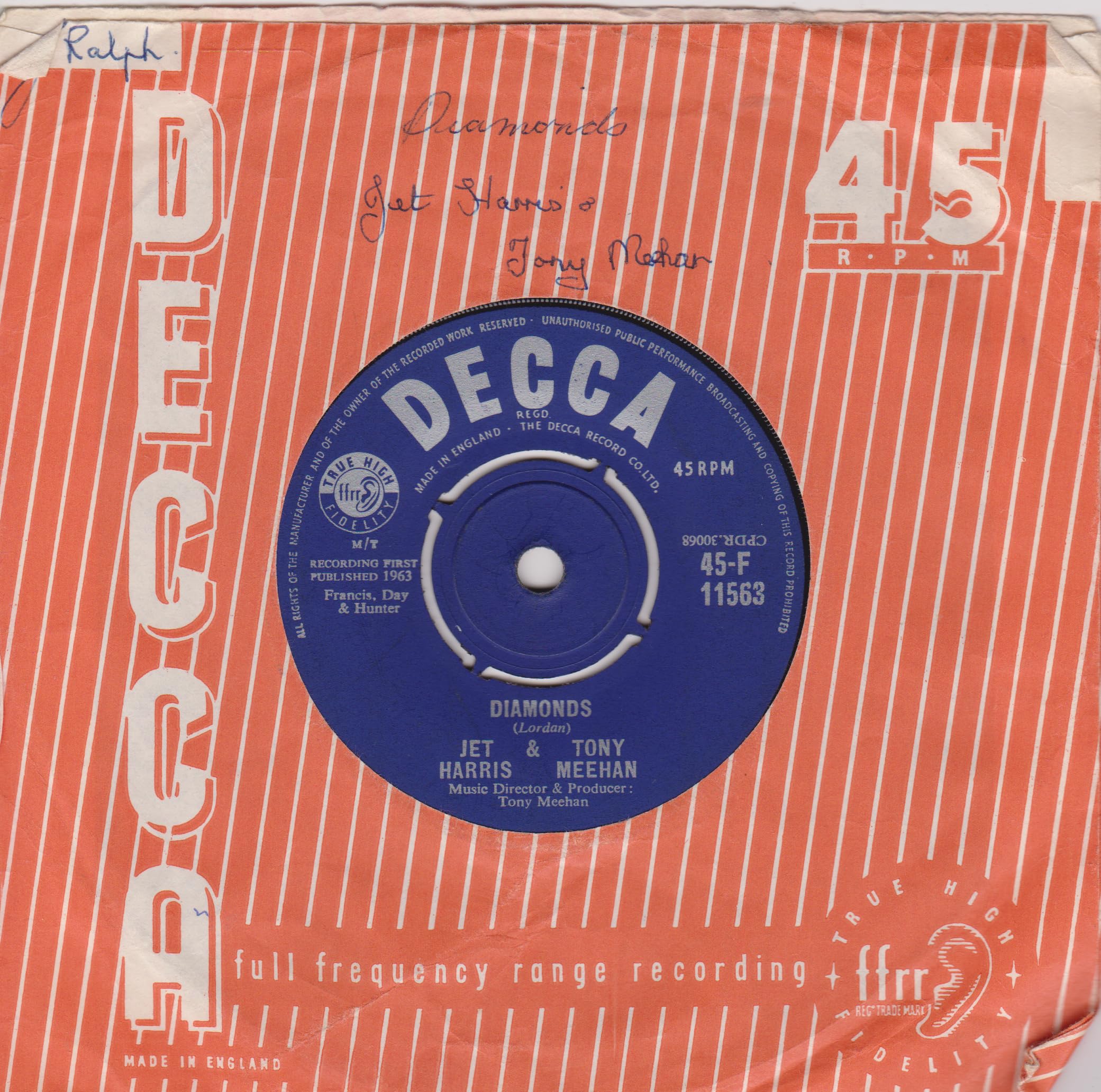 Jet Harris & Tony Meehan – Diamonds (Decca 1963) 7" vinyl single VG/VG