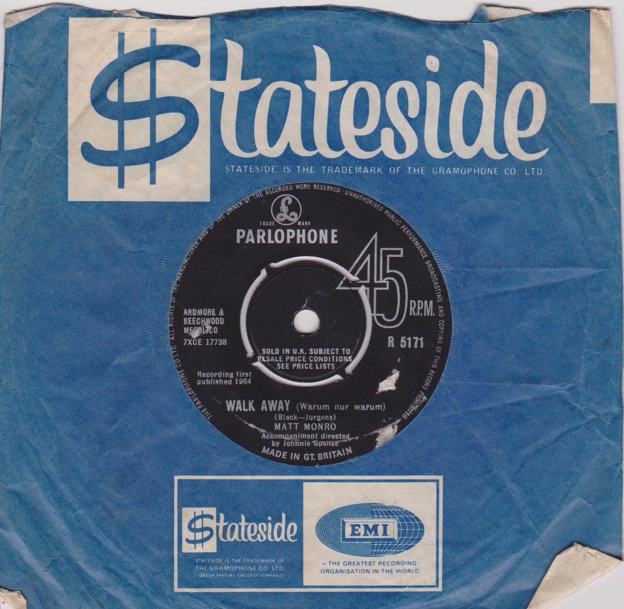 Matt Monro - Walk Away (Parlophone 1964) 7" vinyl single VG/-
