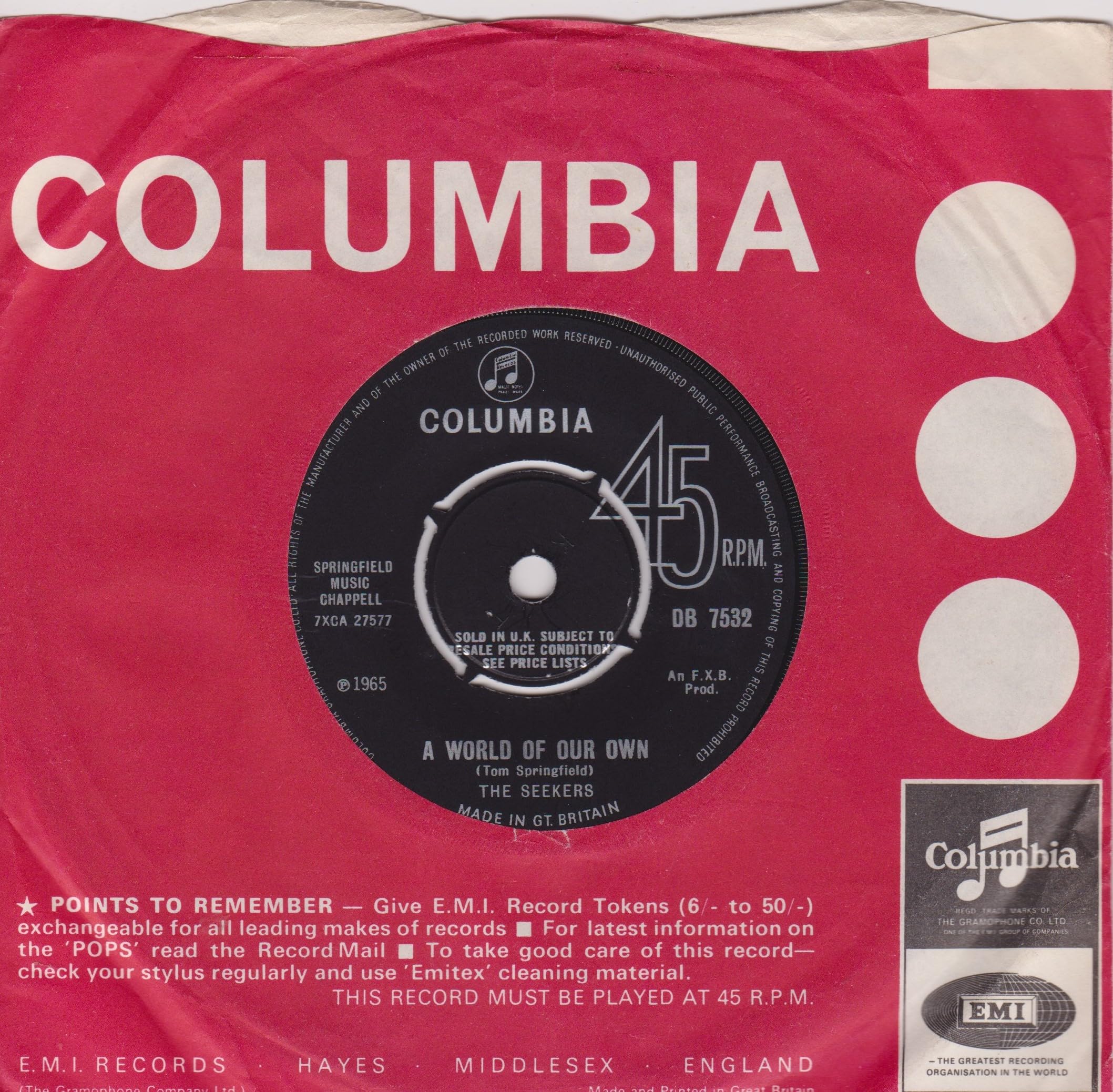 The Seekers – A World Of Our Own (Columbia 1965) 7" vinyl single VG/VG