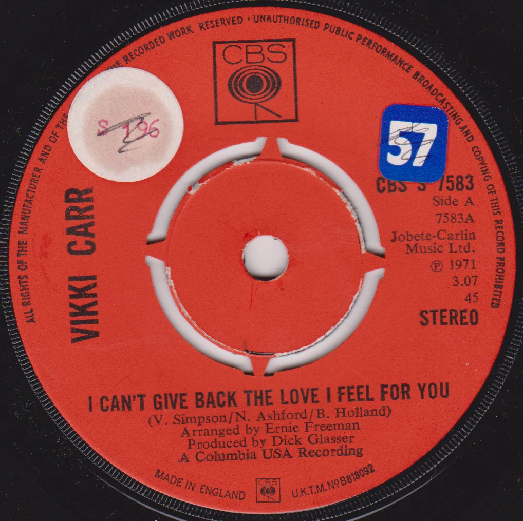 Vikki Carr ‎– I Can't Give Back The Love I Feel For You (CBS 1971) 7" vinyl VG/-