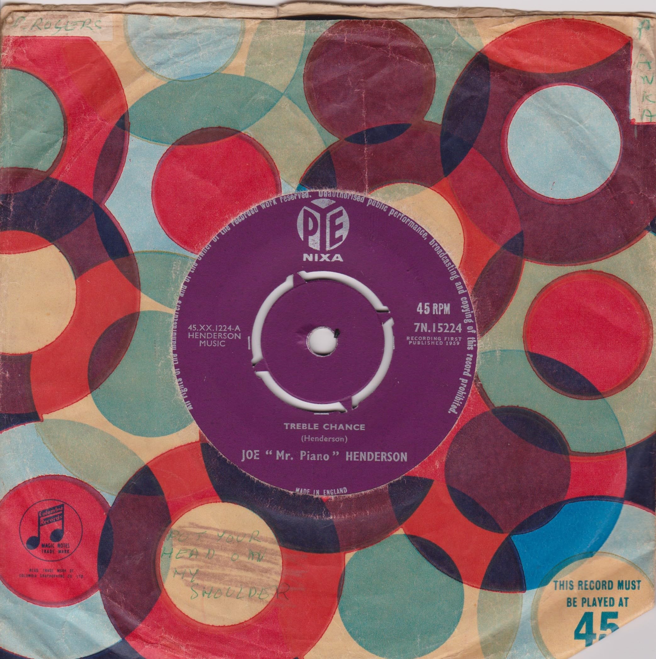Joe 'Mr. Piano' Henderson - Treble Chance (Pye 1959) 7" vinyl single VG/-