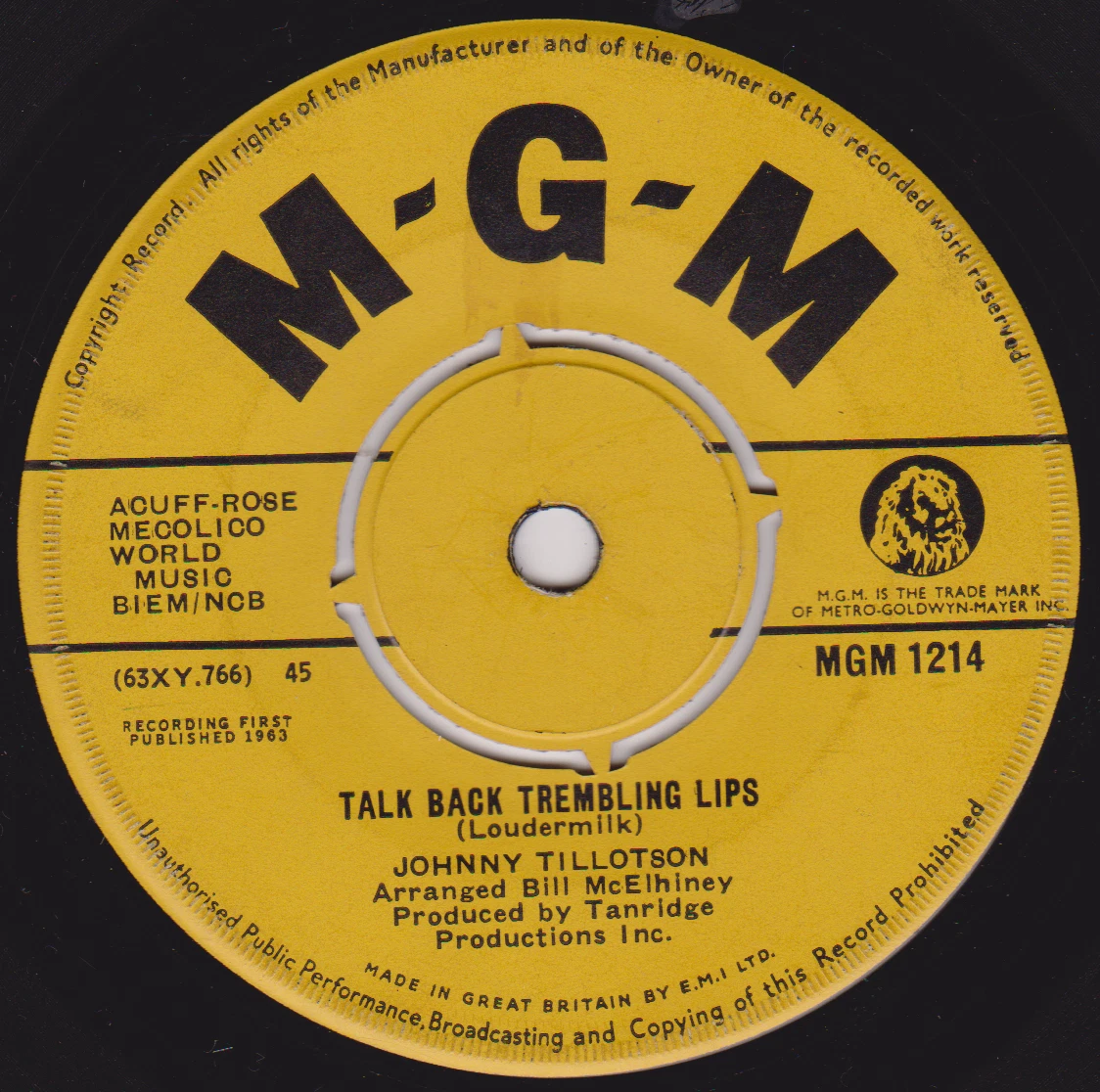 Johnny Tillotson – Talk Back Trembling Lips (MGM 1963) 7" vinyl single VG/-