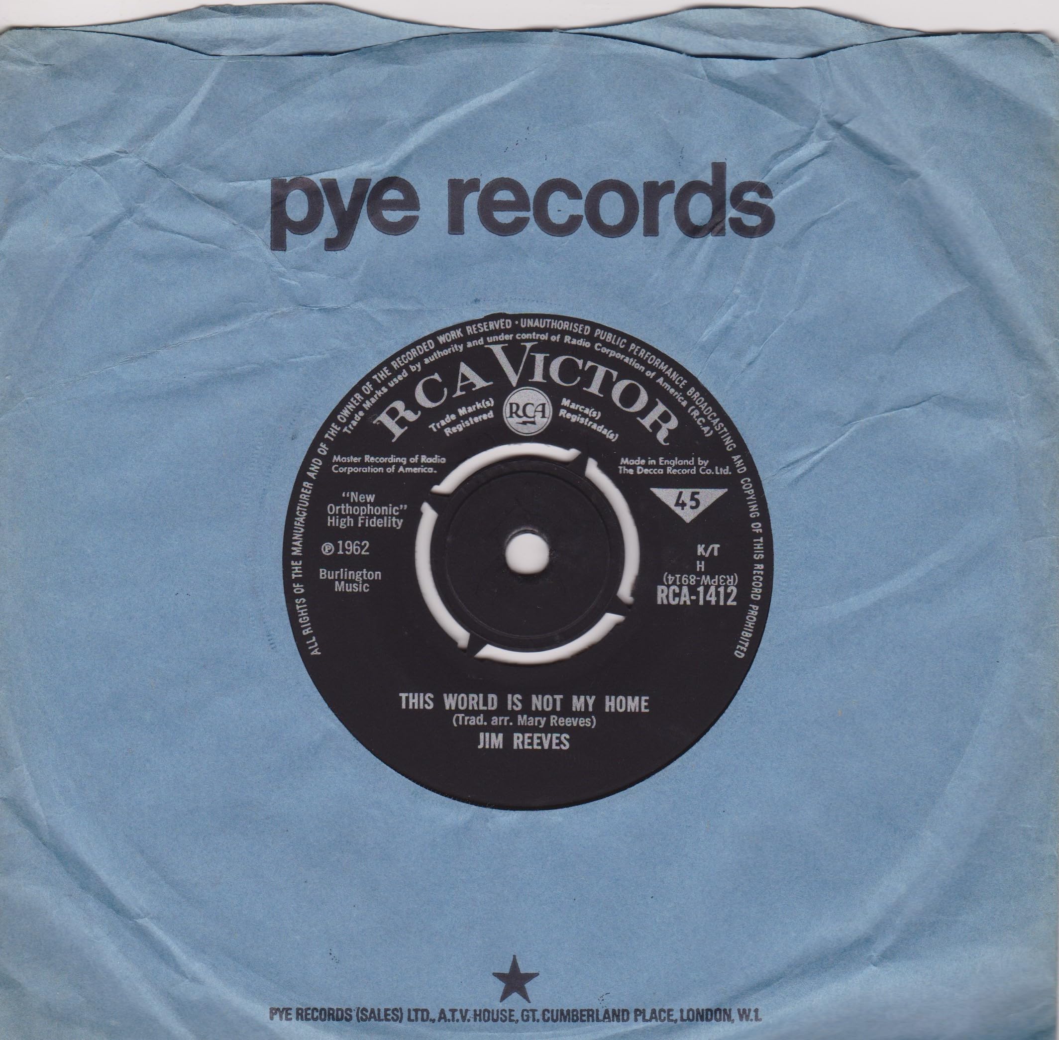 Jim Reeves – This World Is Not My Home (RCA Victor 1962) 7" vinyl single VG/-