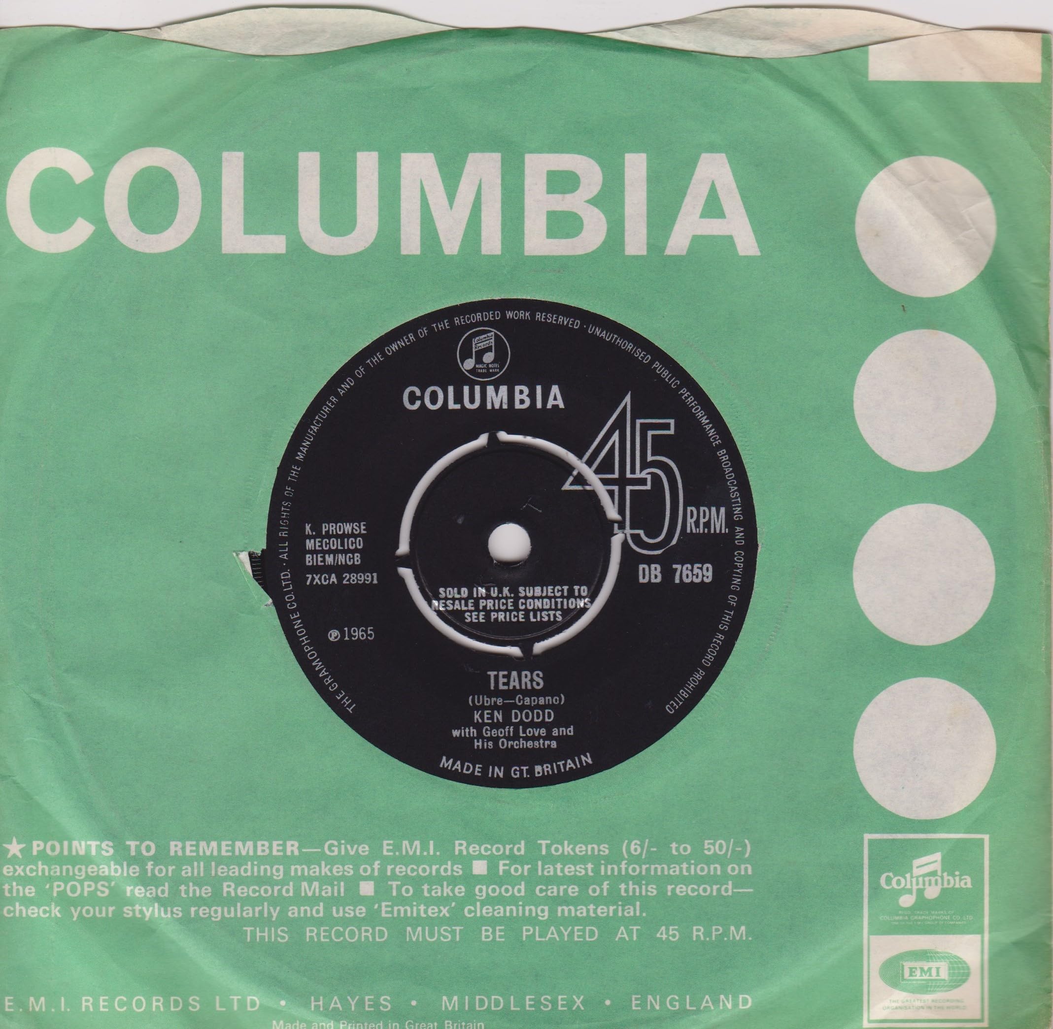 Ken Dodd – Tears (Columbia 1965) 7" vinyl single VG/VG
