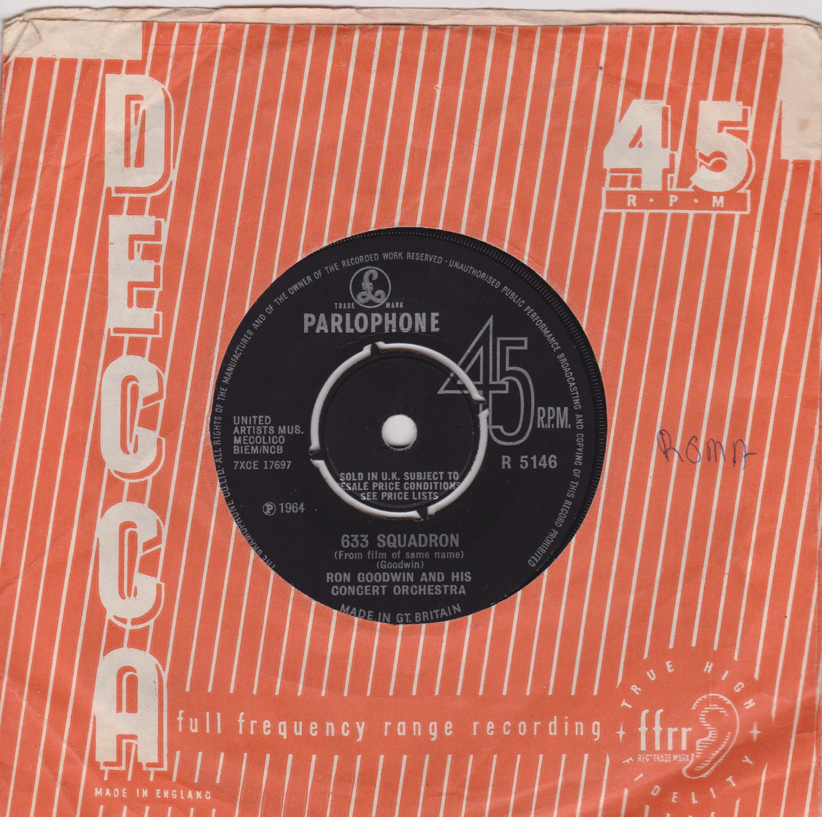 Ron Goodwin And His Concert Orchestra ‎– 633 Squadron (1964) 7" vinyl VG-