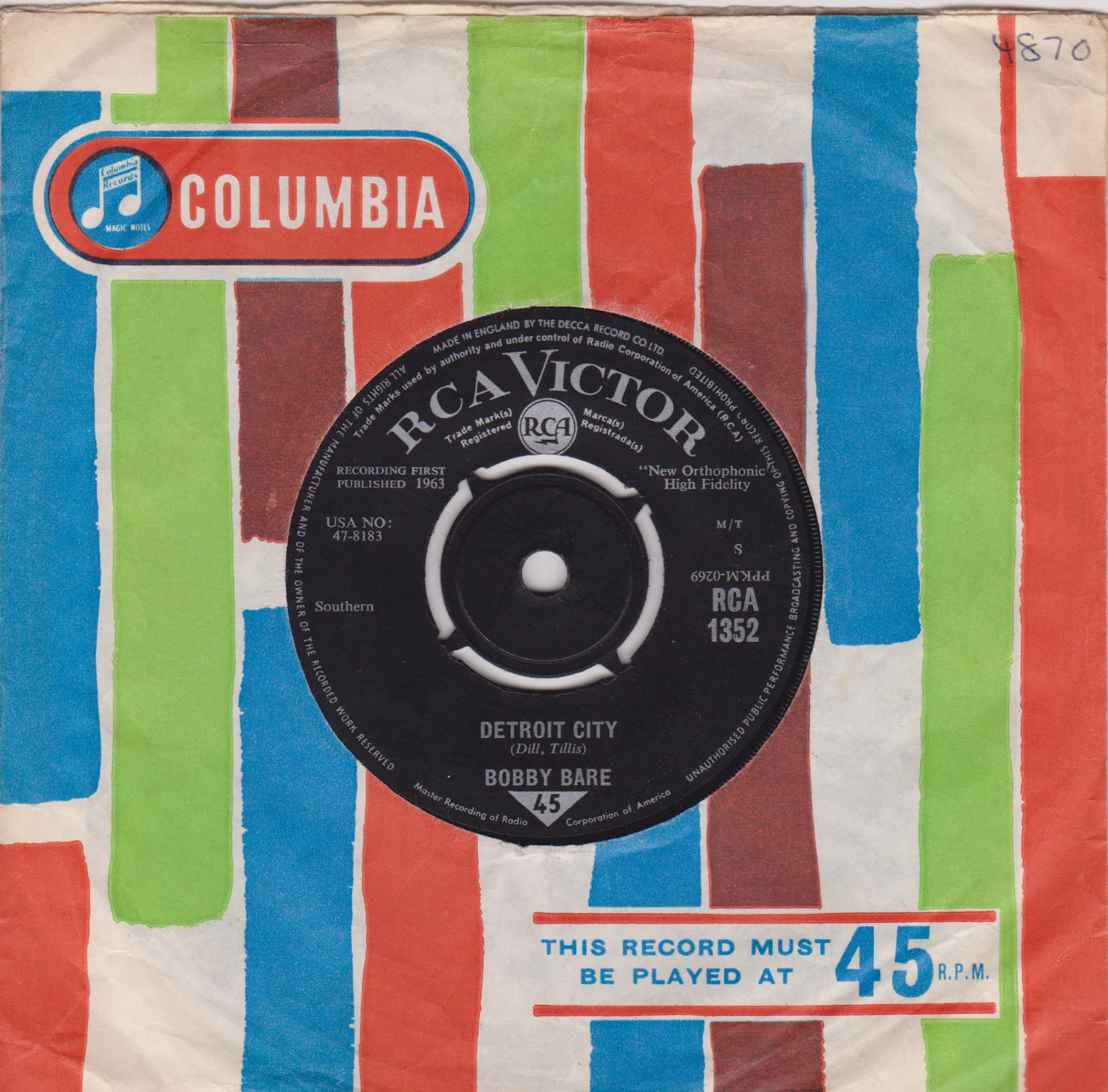 Bobby Bare ‎– Detroit City (RCA 1963) 7" vinyl single VG/-