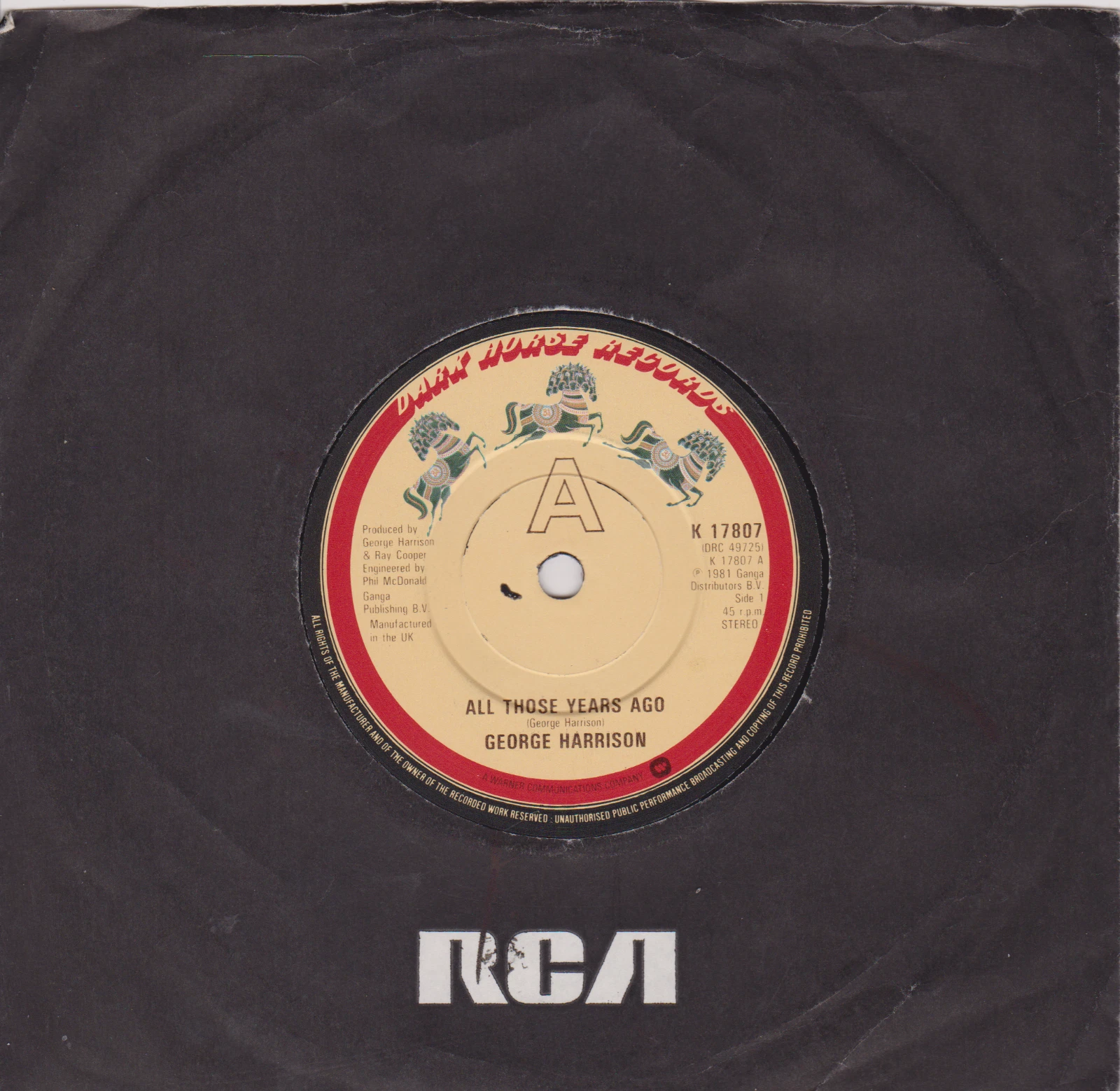  George Harrison ‎– All Those Years Ago (Dark Horse 1981) 7" vinyl single VG/-