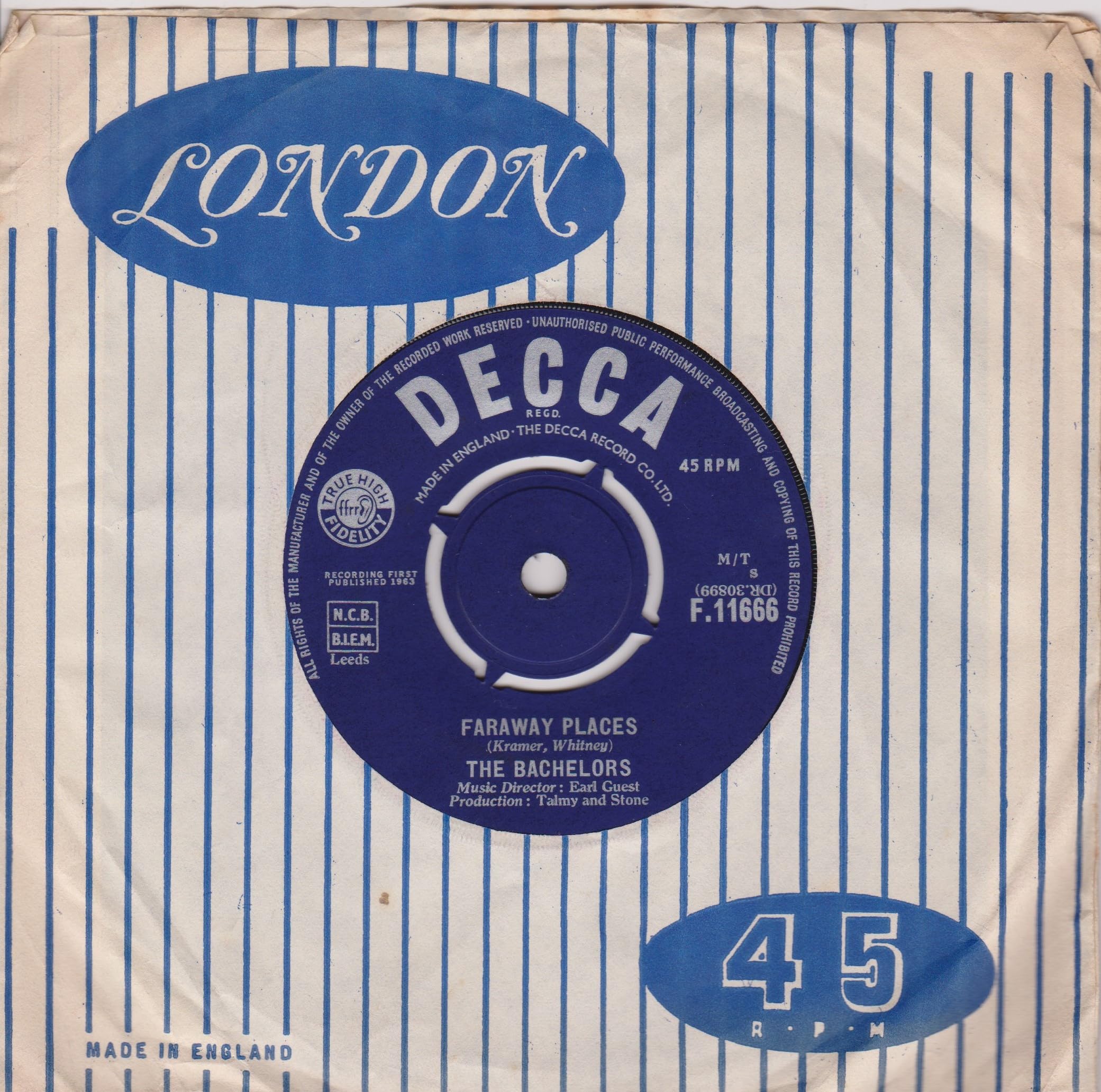 The Bachelors – Faraway Places (Decca 1963) 7" vinyl single VG/-
