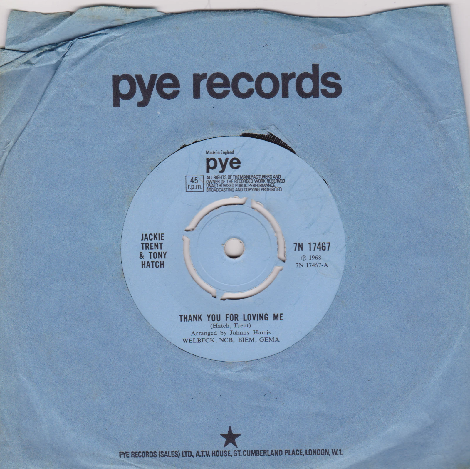 Jackie Trent & Tony Hatch – Thank You For Loving Me (Pye 1968) 7" single VG/G