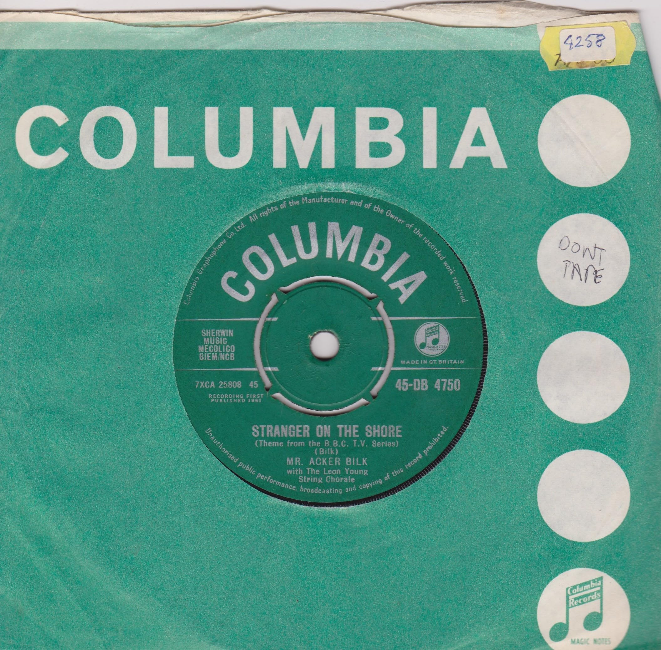 Mr. Acker Bilk With The Leon Young String Chorale – Stranger On The Shore (Columbia 1961) 7" vinyl single VG/VG