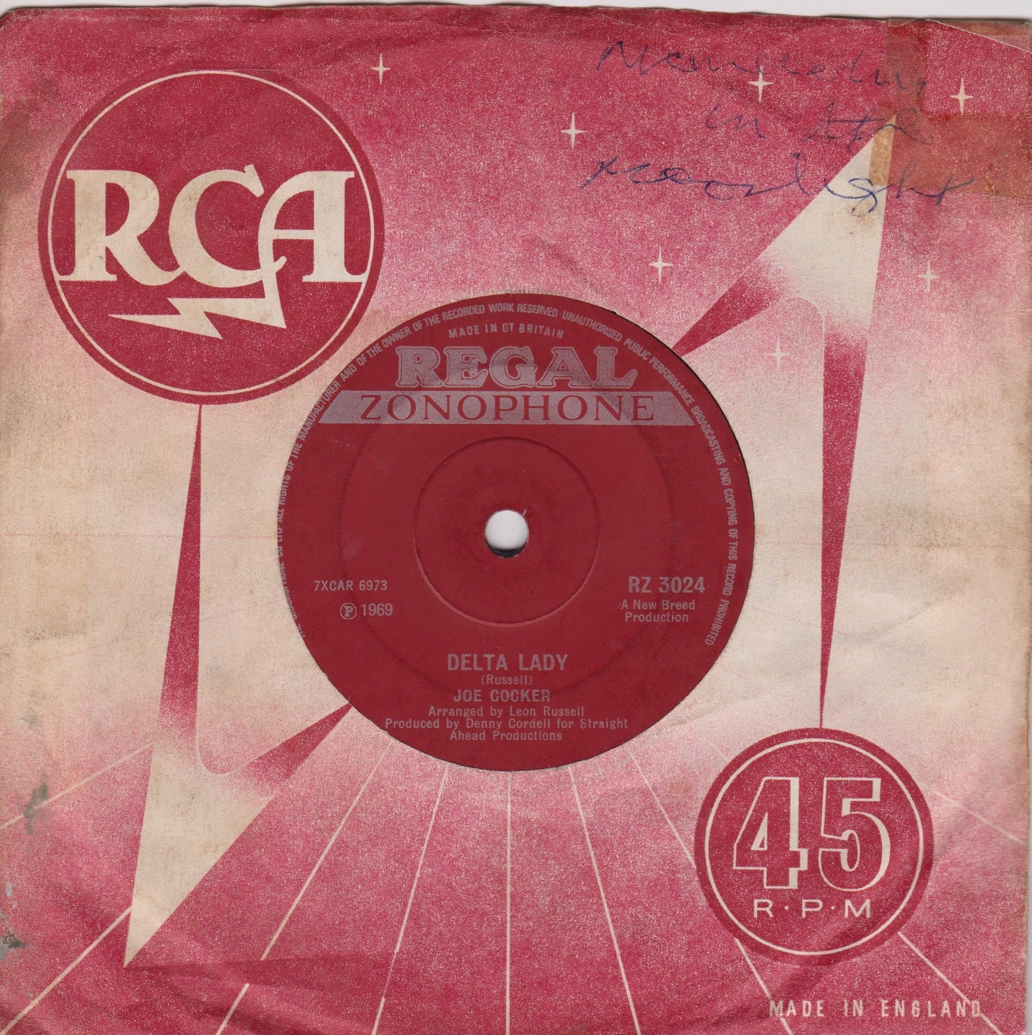 Joe Cocker - Delta Lady (Regal Zonophone 1969) 7" vinyl single VG/-