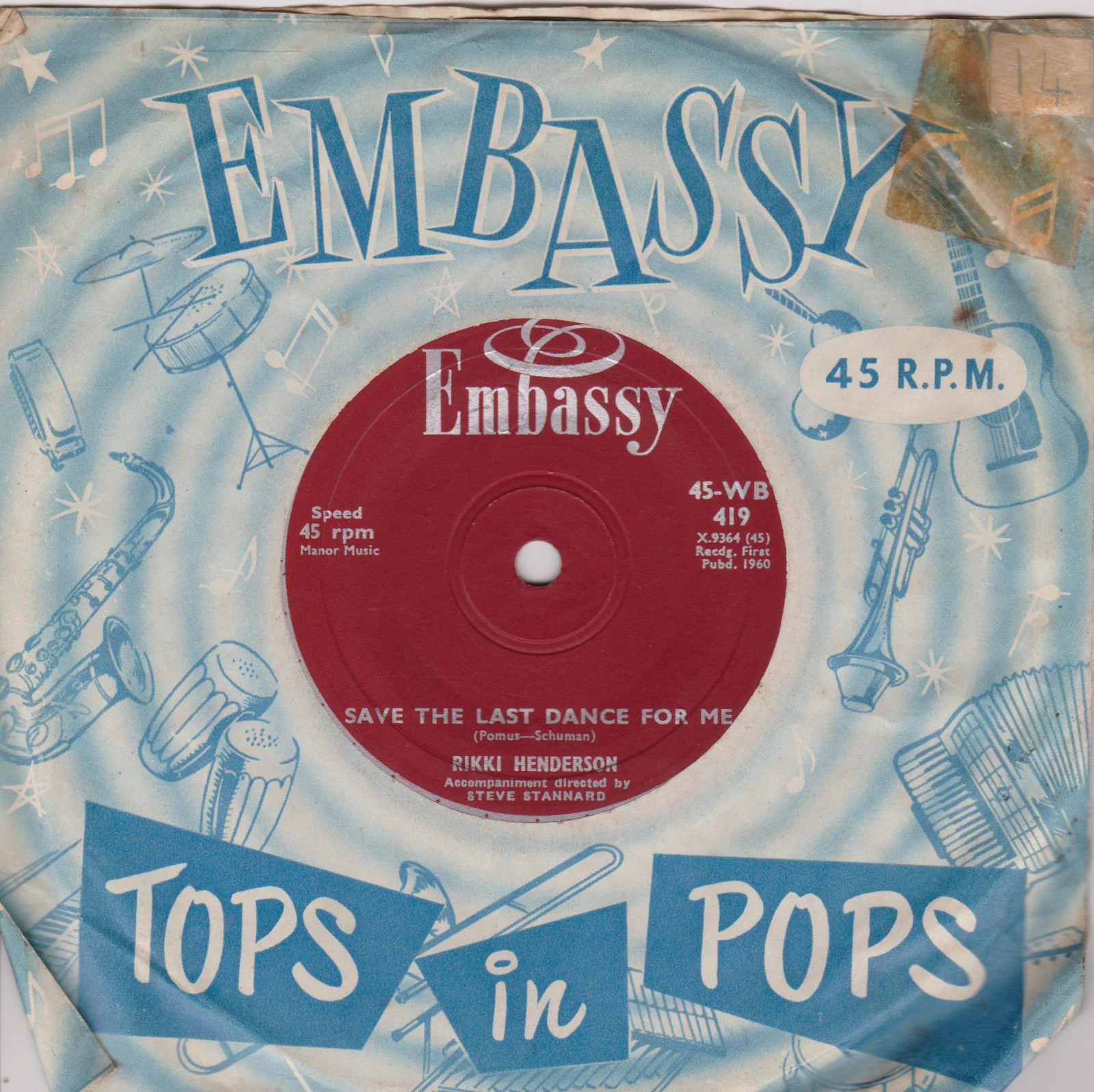  Rikki Henderson ‎– Save The Last Dance For Me (Embassy 1960) 7" vinyl single VG/