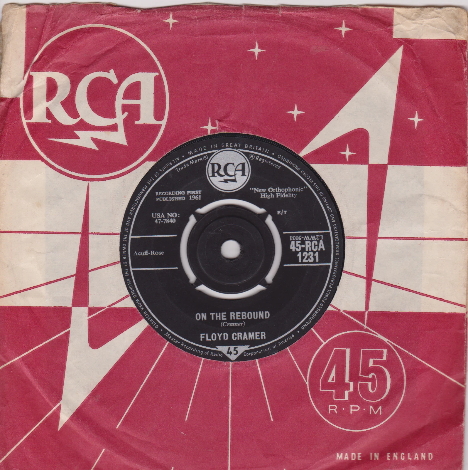 Floyd Cramer – On The Rebound (RCA 1961) 7" vinyl single VG/VG
