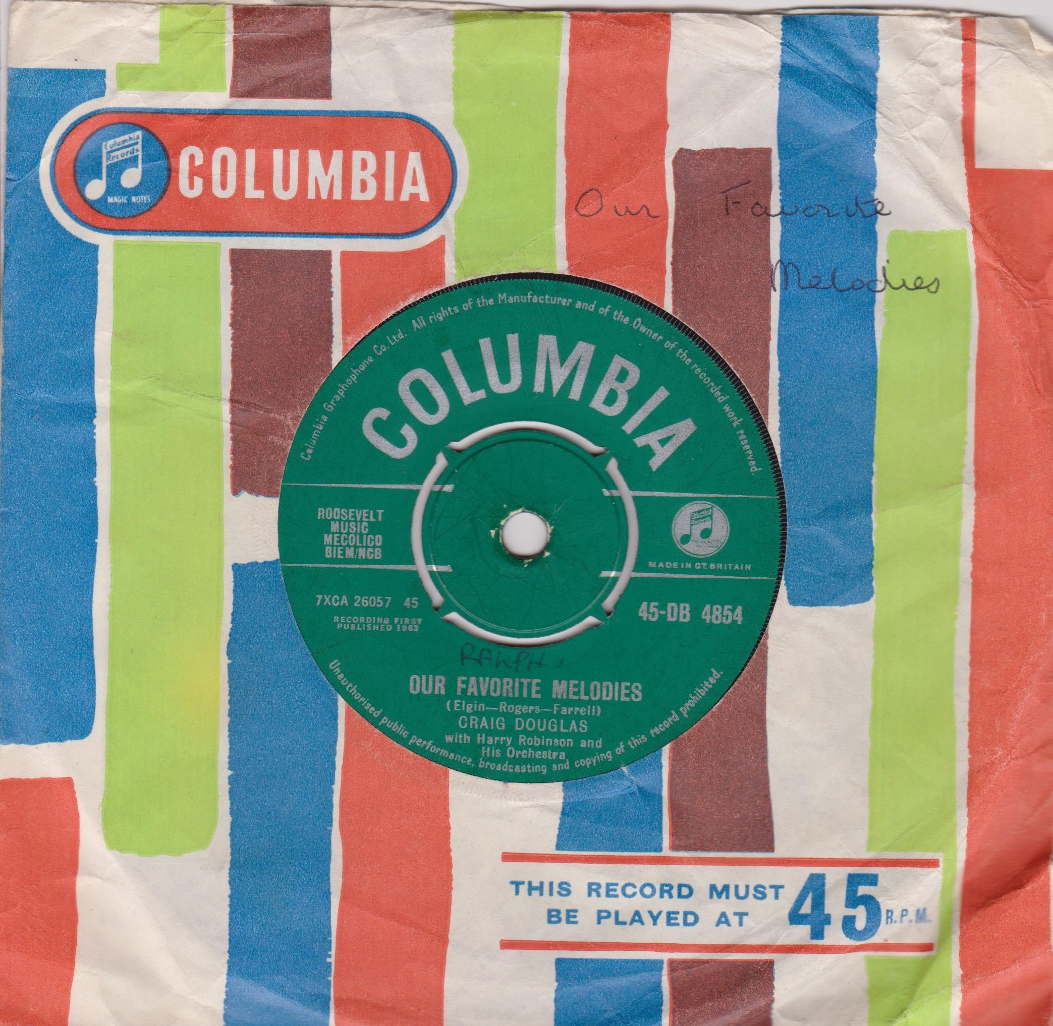 Craig Douglas – Our Favorite Melodies (Columbia 1962) 7" vinyl single VG/G