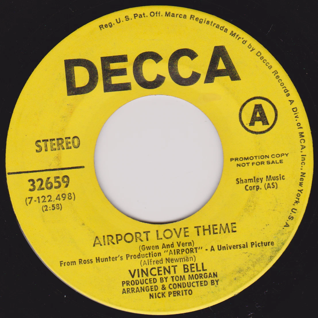 Vincent Bell – Airport Love Theme (Decca 1970) 7" vinyl US single VG/- promo
