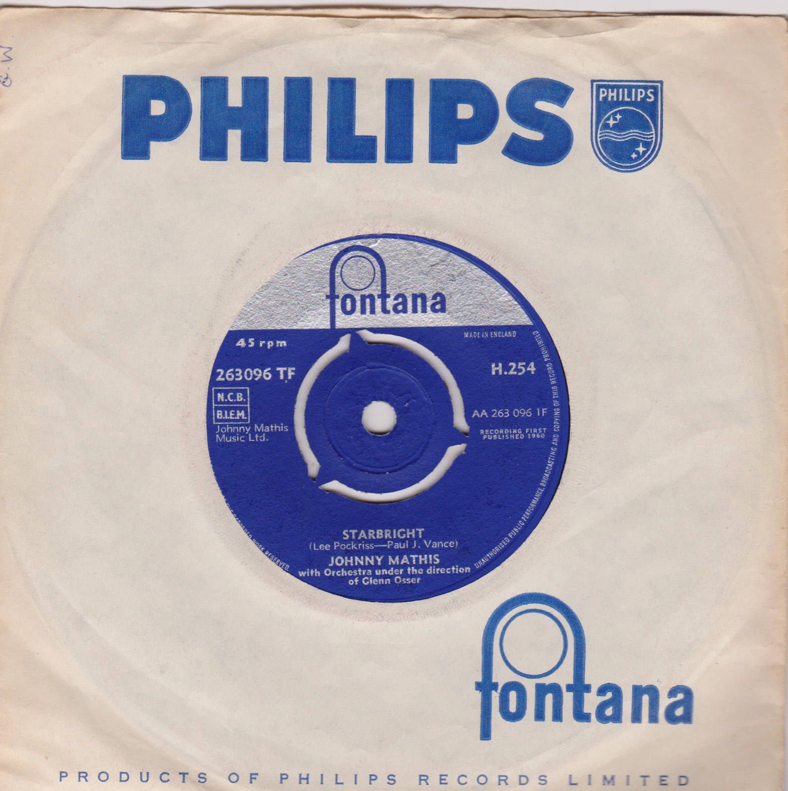  Johnny Mathis ‎– Starbright (Fontana 1960) 7" vinyl single VG/VG